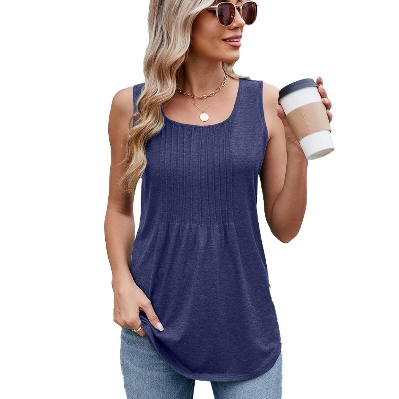 

Весна Лето Круглый вырез Кулиска Свободный Без рукавов Однотонный Топ-жилет для женщин Рубашка XXL тёмно-синий