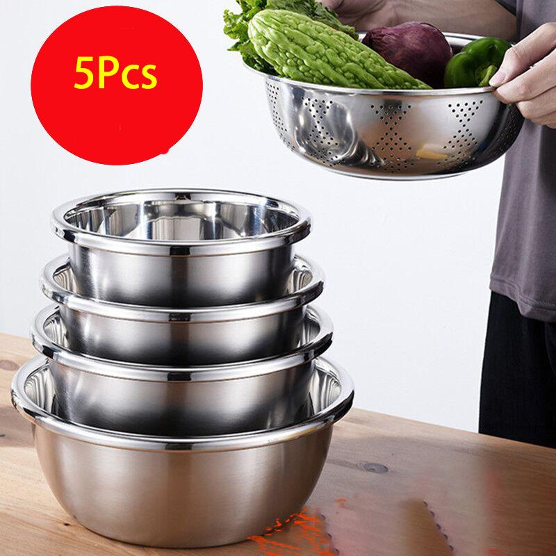 Five-piece Stainless Steel Basin Round Thickened Deepened Basin Household Kitchen Soup Washing Vegetable Drain Basin