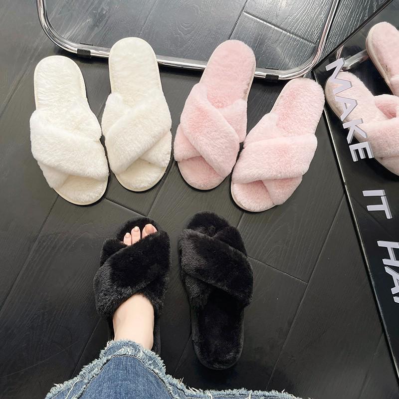 Plus Size Women's Open Toe Fur Slippers - Winter Plush Flat Bottom Indoor Warmth