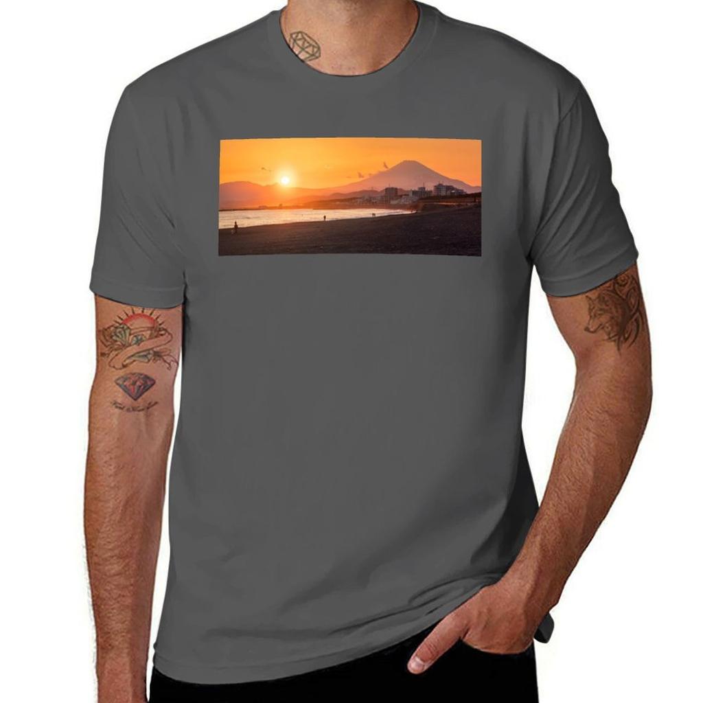 Sunset with Mount Fuji from Chigasaki Beach in Japan T-Shirt Soft Basic Cotton Short Sleeve Tee