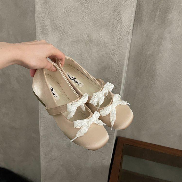 French gentle satin lace bow Mary Jane shoes women's inner height-increasing single shoes 2025 new shallow mouth ballet shoes