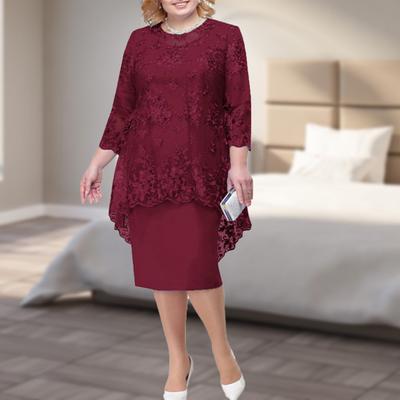Abito longuette a vita alta con scollo a O e taglie forti Abito da sera da donna in pizzo ricamato con maniche a 3/4 Abbigliamento femminile