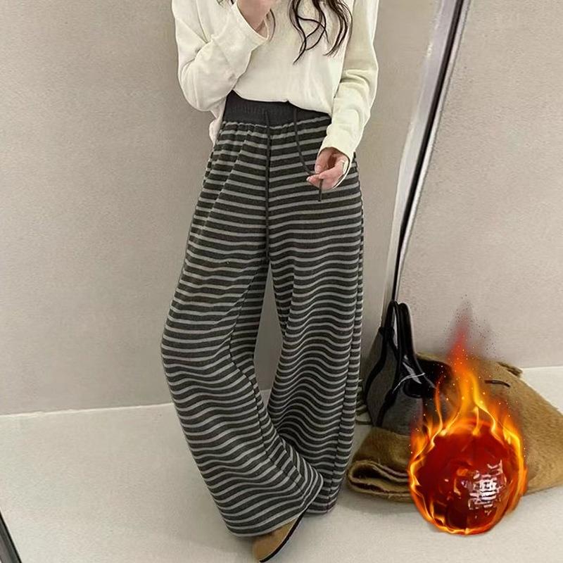 Harajuku Contrast Color Striped Women Wide Leg Pant Vintage Grunge Loose Knitted Pant Y2K Casual Lady Straight Trousers