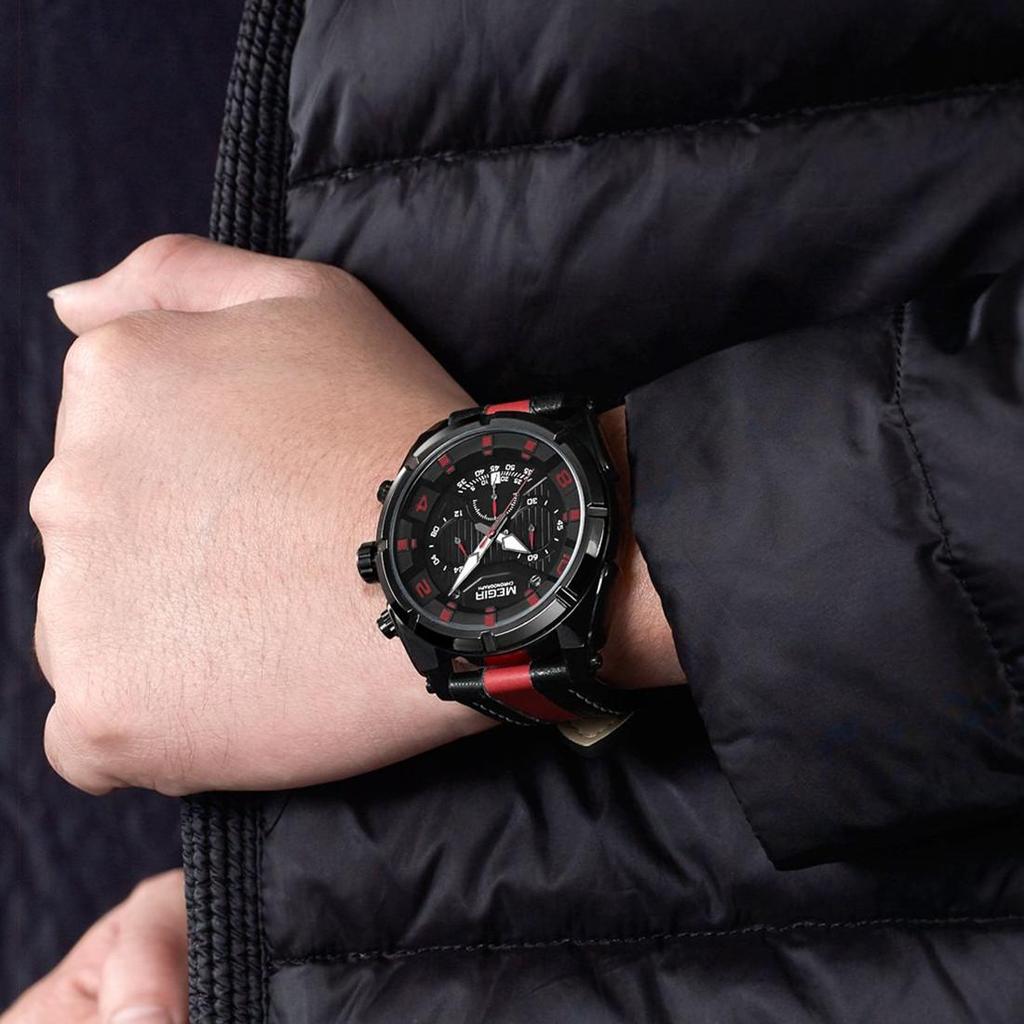 Megir Chronograf Sportovní hodinky Muži Quartz Náramkové hodinky Hodiny Móda Kožené Armádní Hodinky Hodina Čas Relogio Masculino