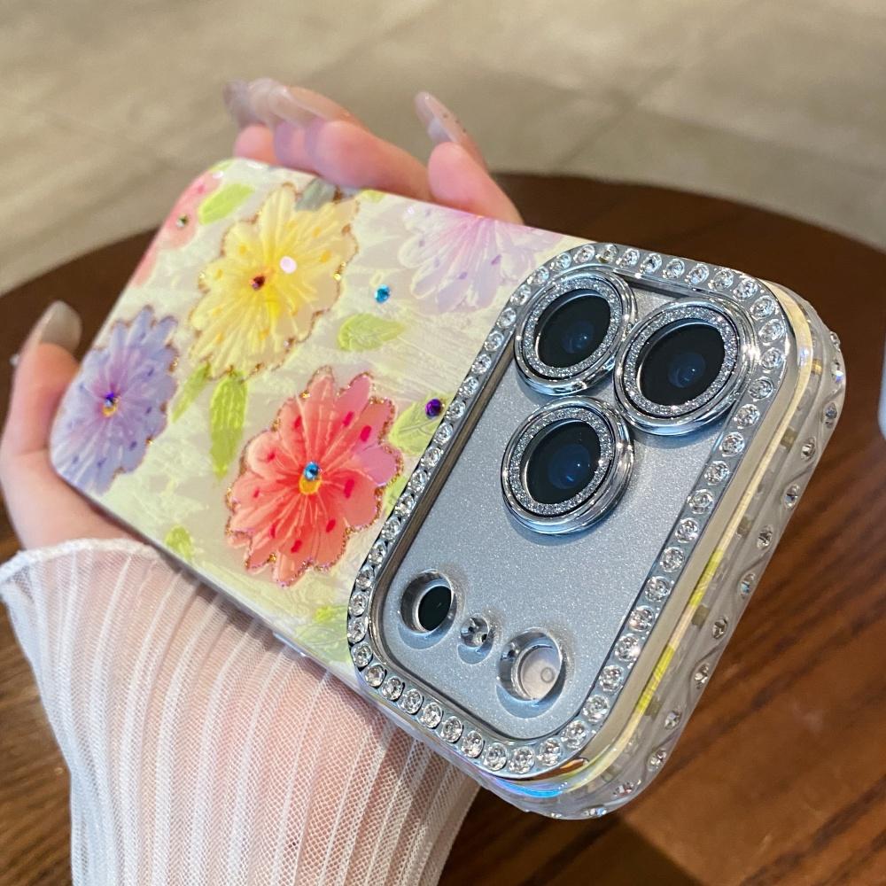 Sparkling Rhinestone Floral IMD Pattern Soft Case For iPhone 17 Pro Max 16 15 14 13 Vibrant Floral Design Shockproof Funda Cover