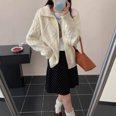 Cardigan en tricot vintage vêtements pour femmes automne et hiver nouveau style décontracté paresseux torsadé revers fermeture éclair veste pull femme