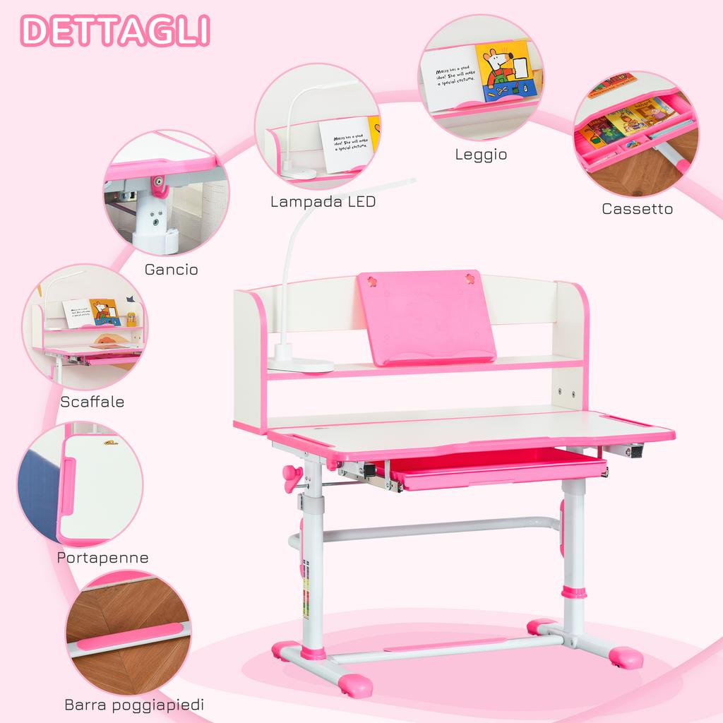 Scrivania Scolastica per Bambini 6-12 Anni Regolabile con Luce LED, Pupitre e Portapenne, in MDF, PP e Acciaio, Rosa