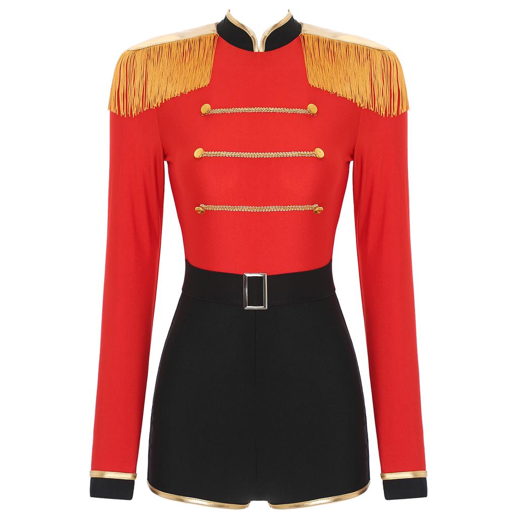 Complete Circus Ringmaster Halloween Costume for Women S-3XL: Fringe Shoulder Jumpsuit with Gold Trim, Contrast Bodysuit
