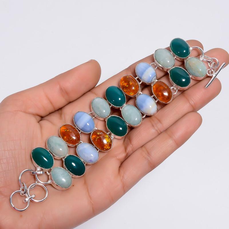 Handmade Gemstone Bracelet Natural Green Chalcedony Baltic Amber Oval Shape Ethnic Handmade Jewelry 925 Sterling Silver Bracelet 6-8" WSJ4635