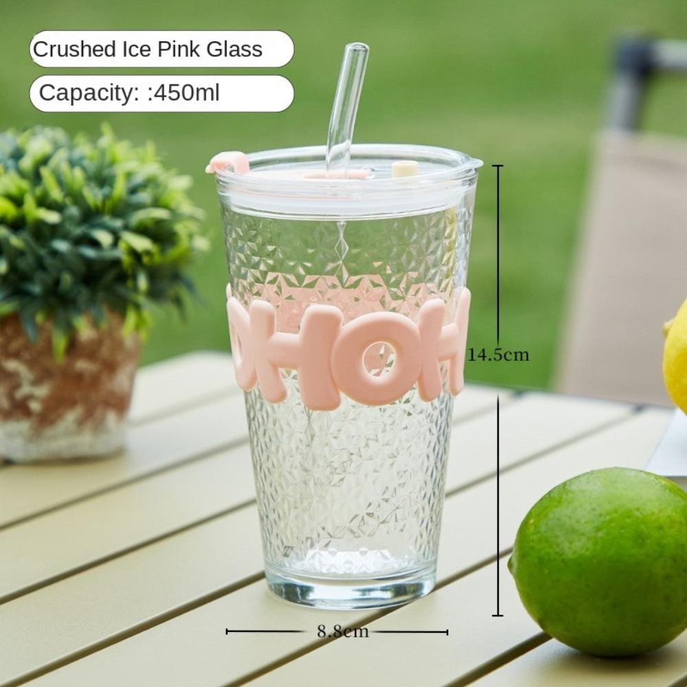 

New Colorful Transparent Glass Cup High Aesthetic Value Letter Design Juice Glass Large Capacity Straw Cup Office Use 301-400ml розовый