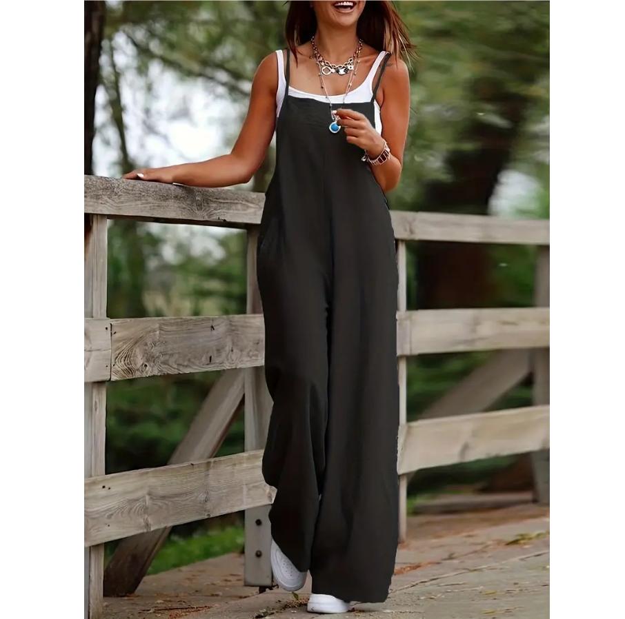 Women's Sleeveless Jumpsuit with Suspender Loose Casual Pocket Monochromatic Summer
