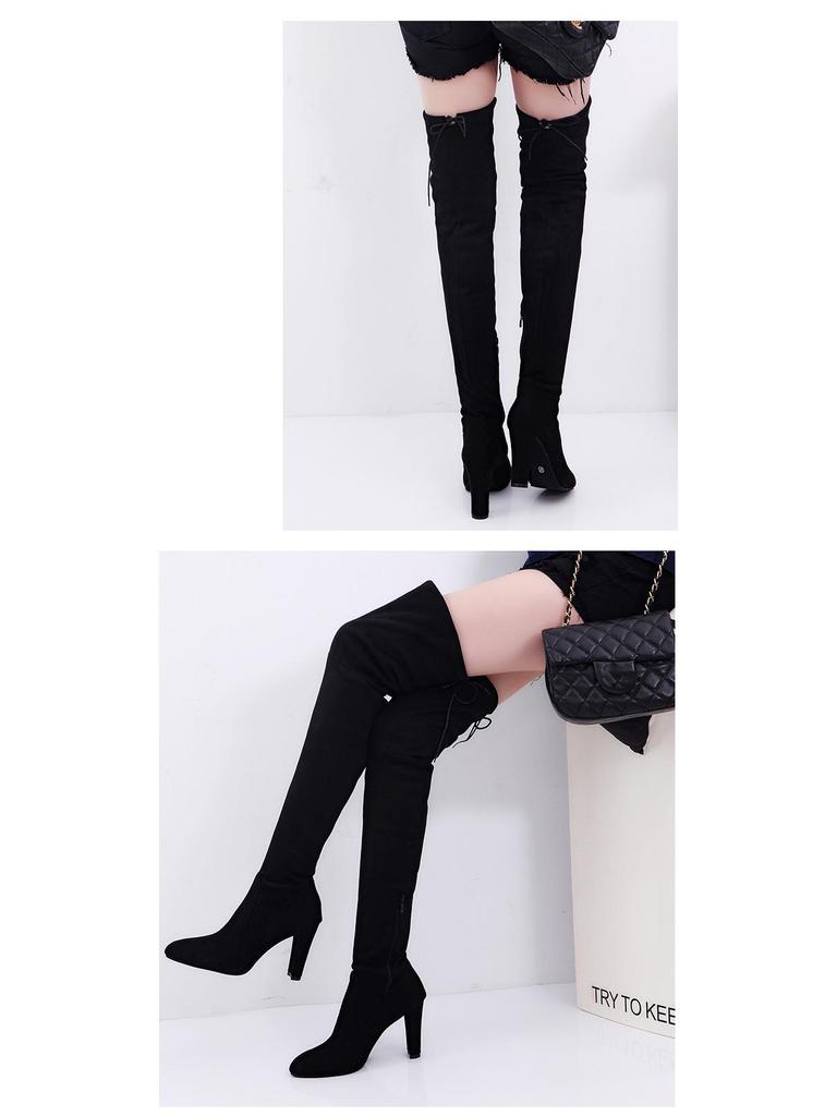 European & American Plus Size Over-the-Knee High Heel Pointed Toe Frosted Zipper Women's Boots for Spring & Autumn Winters