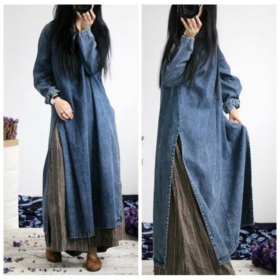 Kadın Denim Vintage Kazak Elbiseler O-Boyun Uzun Kollu Sonbahar Çin Tarzı Kadın evaze elbise