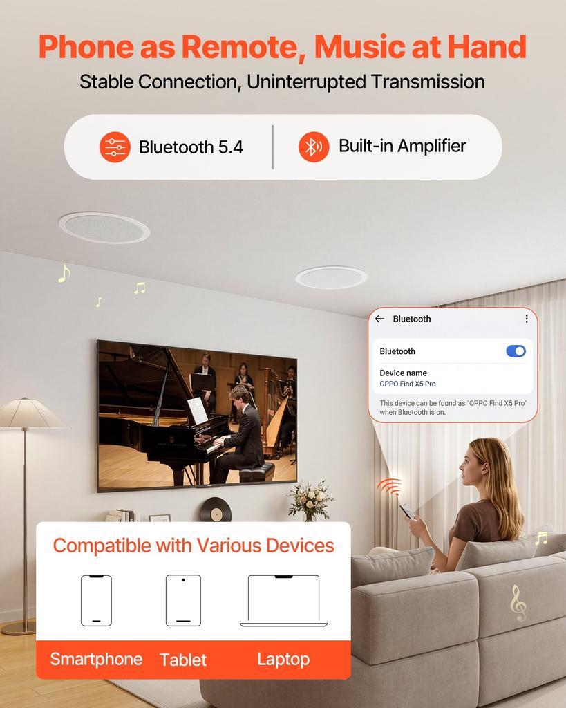 Bluetooth Ceiling Speakers, 203.2mm, In Ceiling & In-Wall Speaker System with Amplifier, 2-Way Flush Mount Speakers, for Damp Humid Placement, Home
