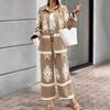 Women's Loose Fit Two Piece Outfit Long Sleeve Printed Shirt Elastic Waist Wide Leg Pants Set