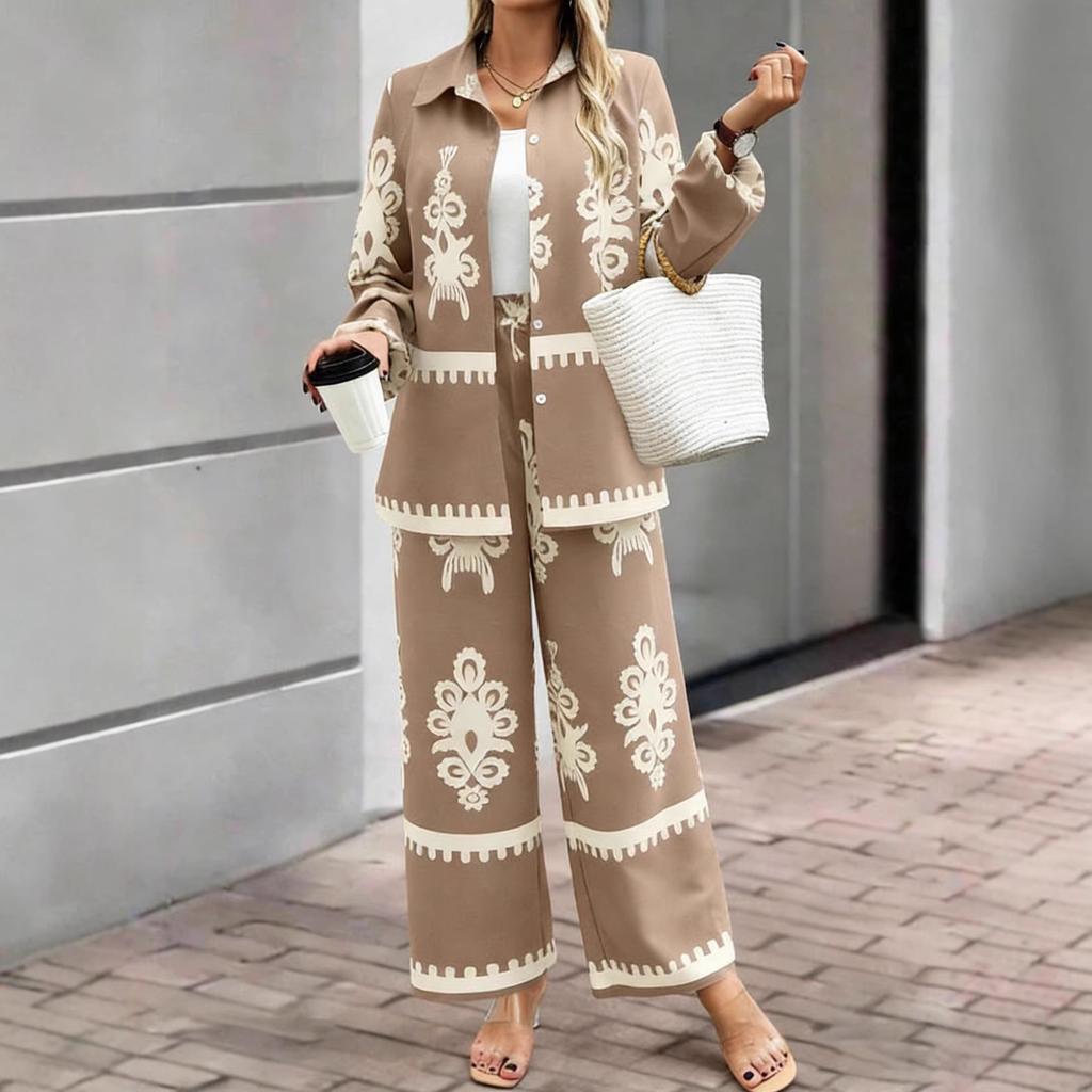 Women's Loose Fit Two Piece Outfit Long Sleeve Printed Shirt Elastic Waist Wide Leg Pants Set