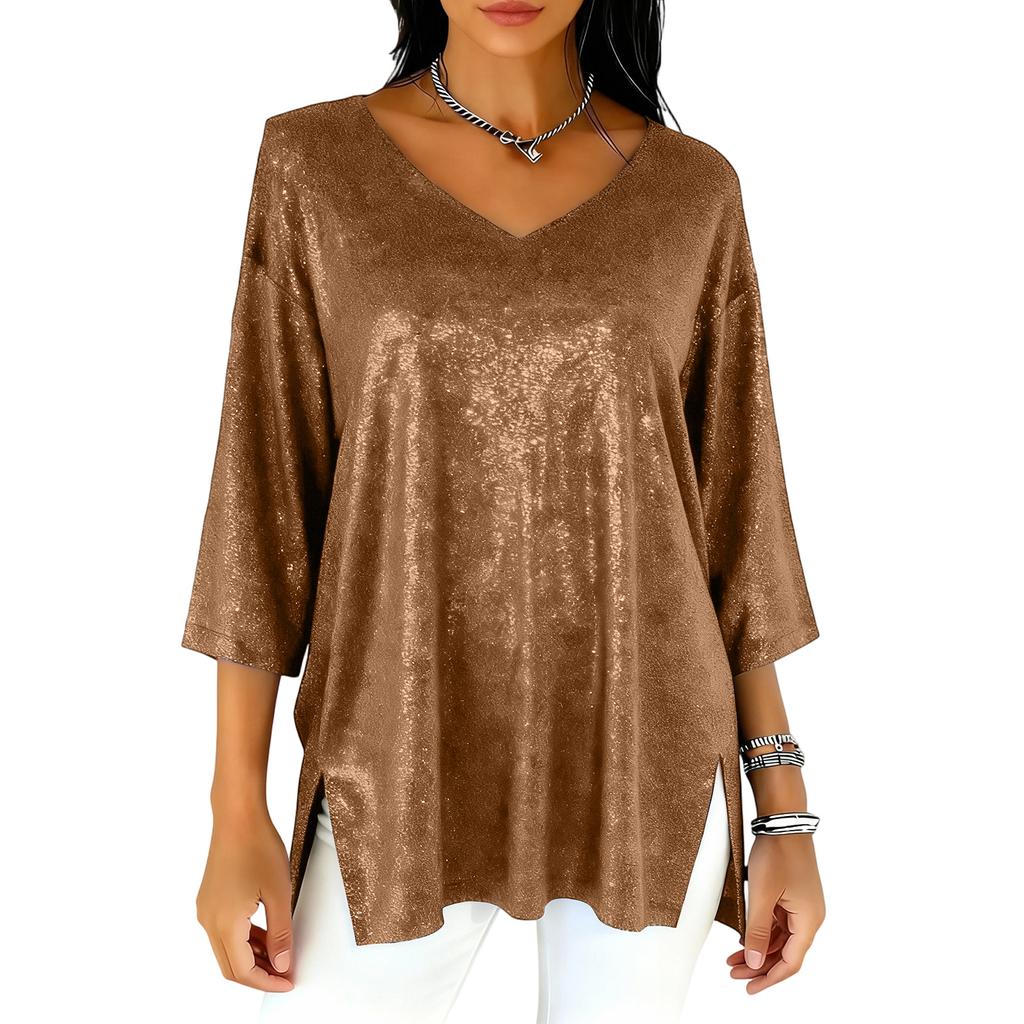 Damenmode Lockerer Sitz V-Ausschnitt Dreiviertelärmel Schlitzsaum Farbiger Top
