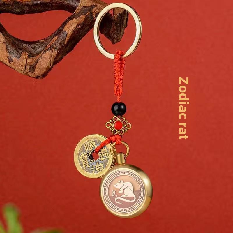 Zodiac Rotating Hand Handle Piece Decompression Artifact Keychain Pendant Handmade Red Rope