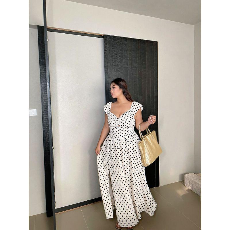 Brother Nan Chubby French Style High Sense Polka Dot Dress Women Summer New Plus Size Waist Hugging Slimming Split Long Dress