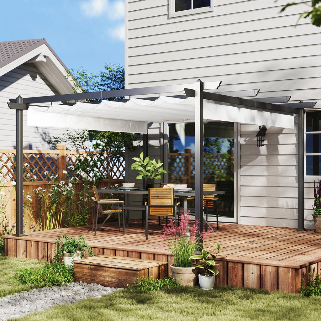 Gazebo Pergola 4x4 M with Retractable Canopy, 8 Screws and 8 Stakes In Aluminum, Polyester and Metal, White