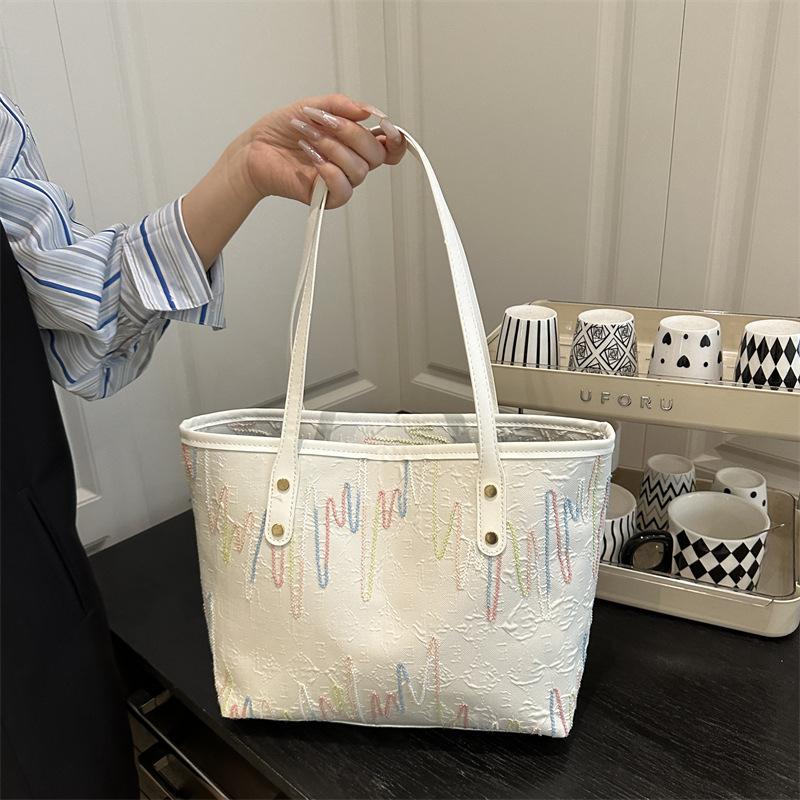 Elegant White Colorful Wavy Tote Bag Lightweight Large Capacity Shoulder Handbag For Women Beach Vacation Daily Use