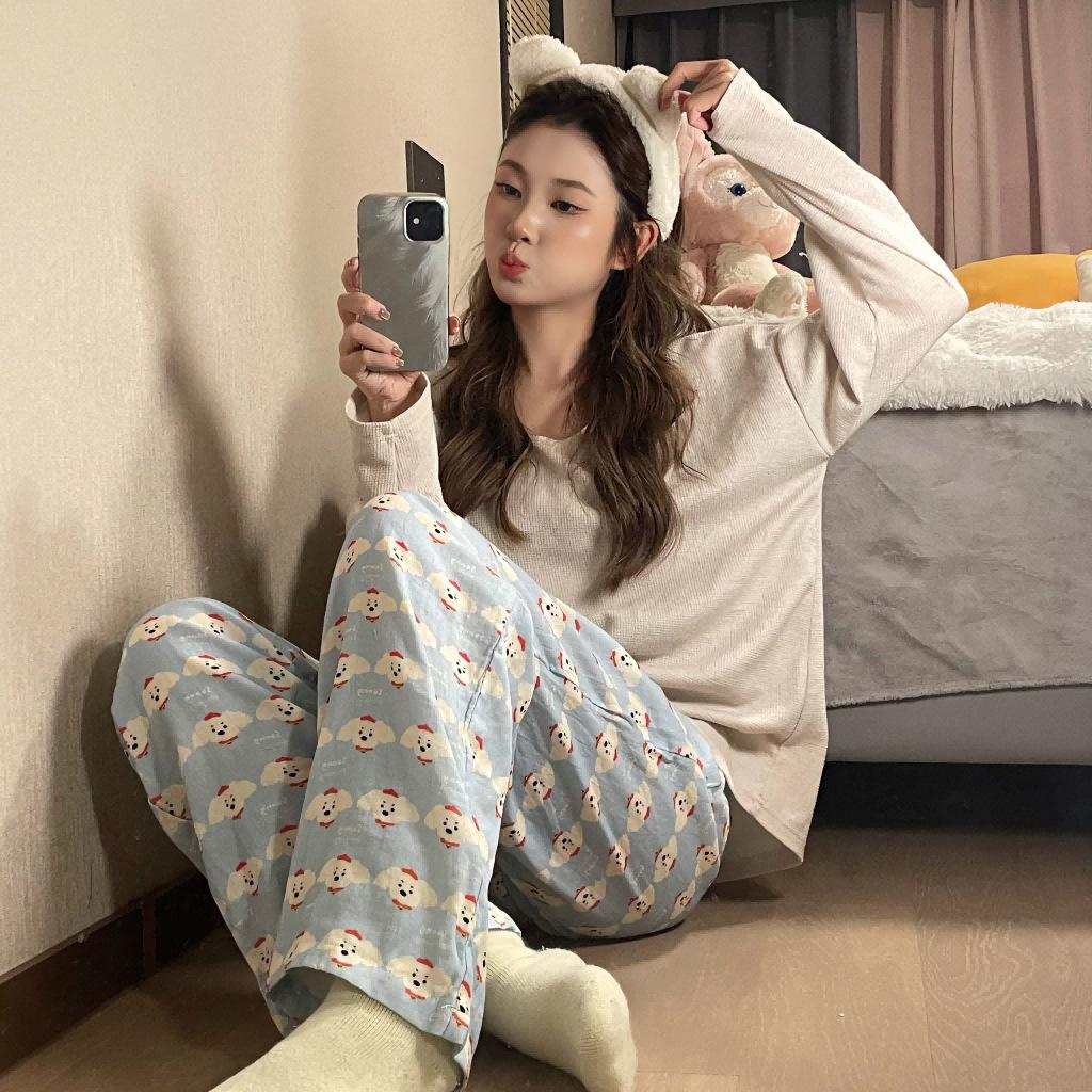 

Женские белые брюки для дома с принтом «полька-дот» и прямыми штанинами - Свободные, мягкие, для осени и весны Size 4, Length 105cm