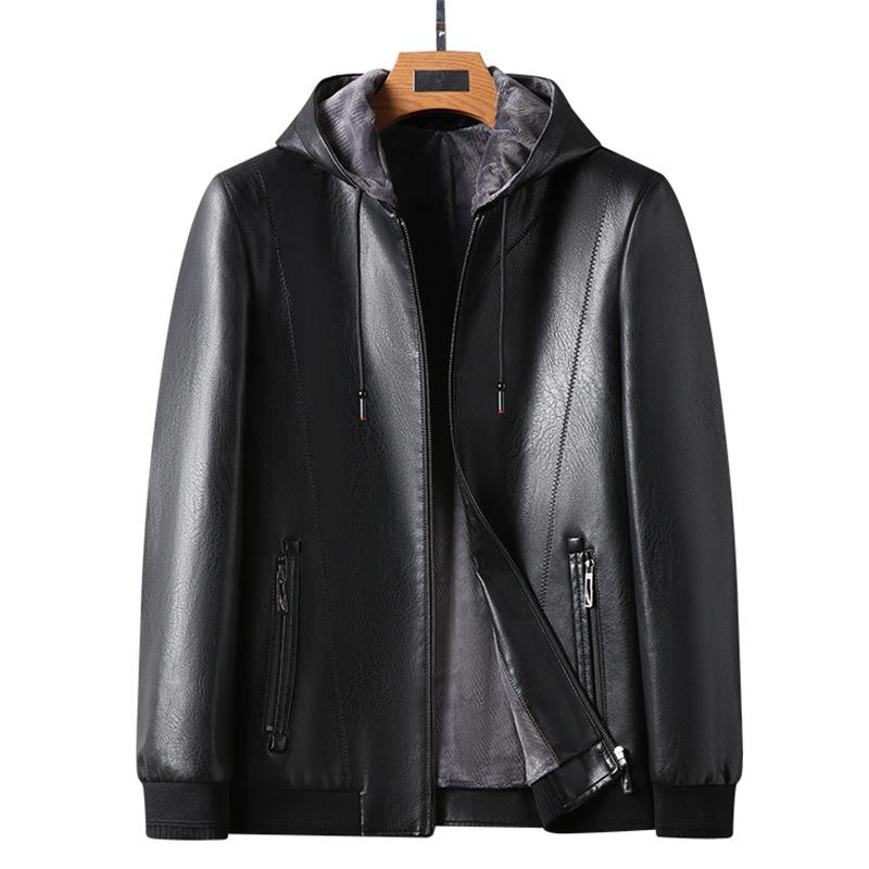 Leather Jacket Men's Autumn and Winter New Men's Hooded Fleece Thickened Leather Jacket Men's Jacket Fashion Casual Leather Jacket