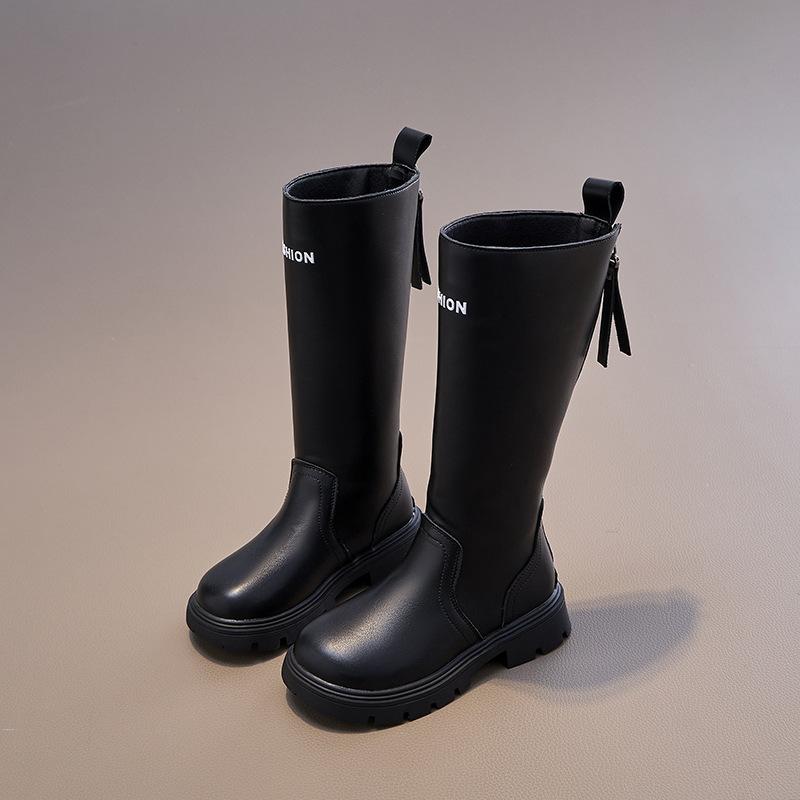 Girls High Boots Knee-high Long Boots Autumn Winter Kids Motorcycle Boots Simple Chic Classic Zipper Rubber Shoes