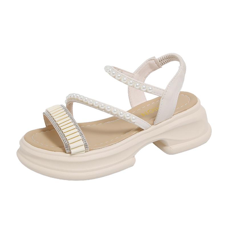 Fashion fairy style sandals female 2025 thick-soled hollow one-word pearl buckle belt simple beach sandals