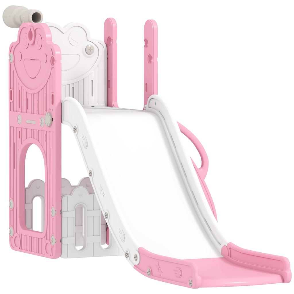 5 In 1 Kids Slide Set with Basketball Hoop, Climbing Frame, Telescope, Storage Box for Toddlers Ages 1-3, Pink