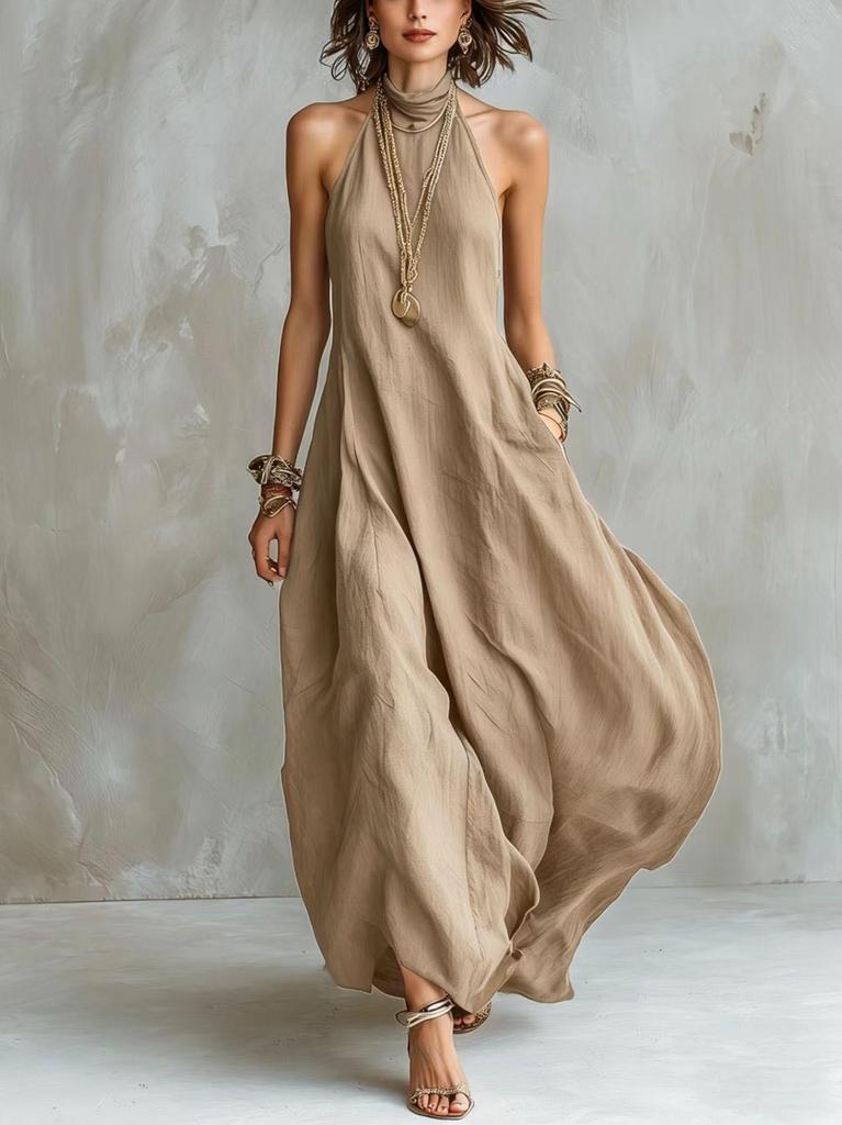 Bohemian Summer Off-the-Shoulder Maxi Dress - Women's Elegant Flowing Halter Neck Style
