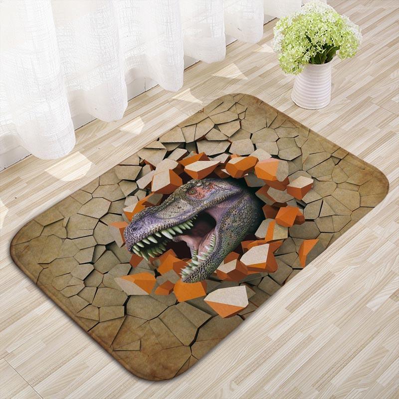 

Fun 2D Dinosaur Welcome Mat Cool T-Rex Bursting Through Stone Floor Visual Effect Non-Slip Carpet Dinosaur Themed Floor Rug 40x60cm
