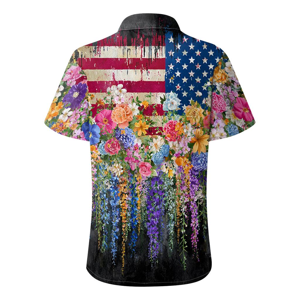 Short Sleeve Button Down Shirt for Women with Floral and Stars Print Loose Fit Lapel Collar Lightweight Top Blouse