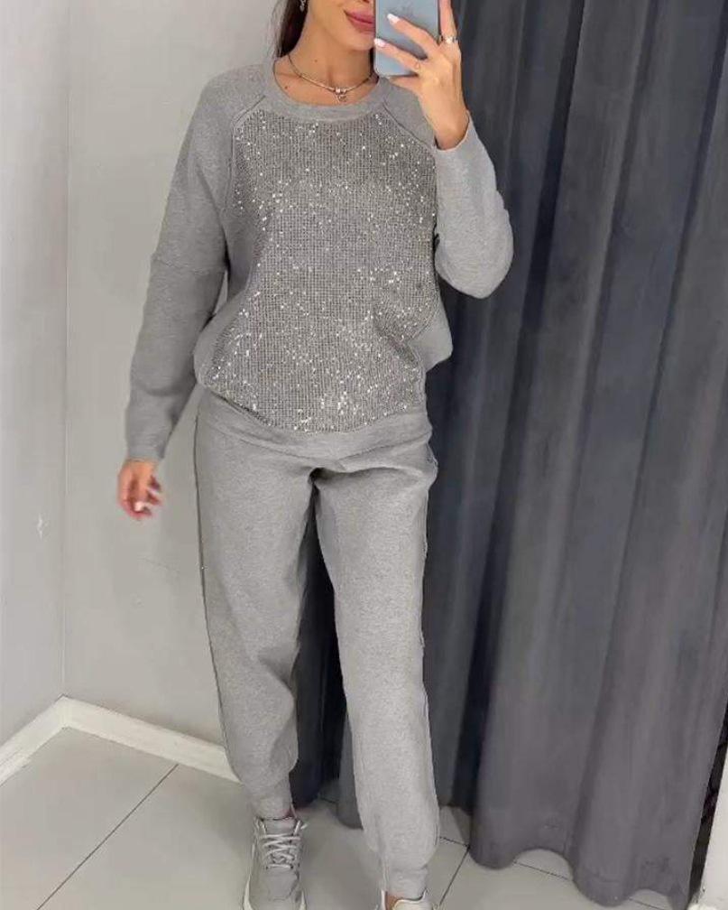 

2024 Европейский и Американский Горячий Стиль Повседневный Однотонный Спортивный Костюм с Длинным Рукавом и Круглым Вырезом для Женщин 3XL серебряный серый