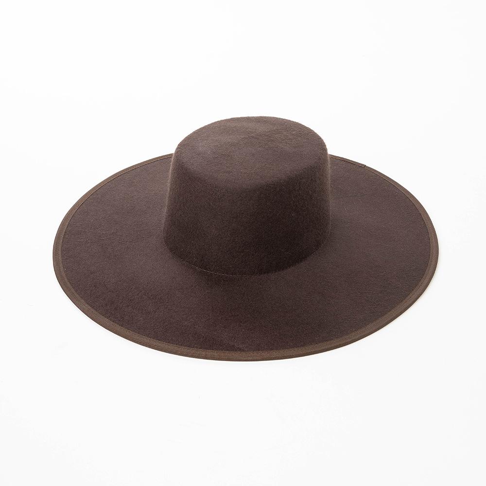 Spring and Autumn Fashion Retro British Ribbon Hemming Flat Top Big Brim Wool Felt Hat Top Hat Big Brim Wide Brim Cold Protection