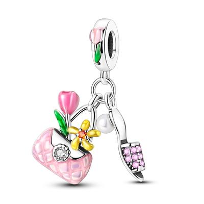 Charm Bead Components Copper Metal Elegant Flowers Handbag Slippers Pendant Bead Components Compatible With Charm Bead Components Plata Authentic