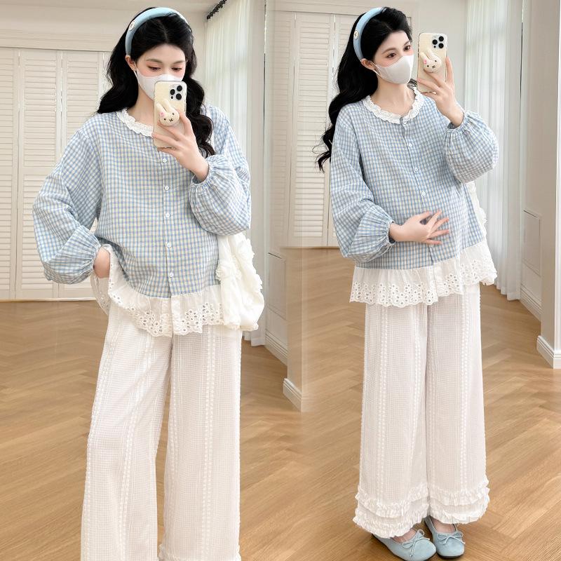 Spring 2026 Blue Plaid Patchwork Lace Maternity Shirt & White Textured Pants Set M