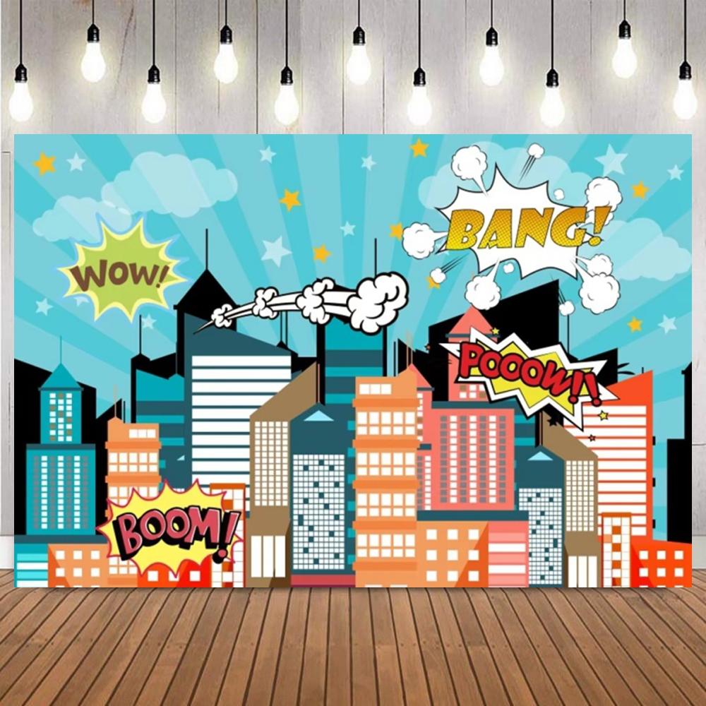 Comic Style City Superhero Photo Backdrop Colorful Buildings Birthday Cake Table Decoration Banner Party Photography Background4
