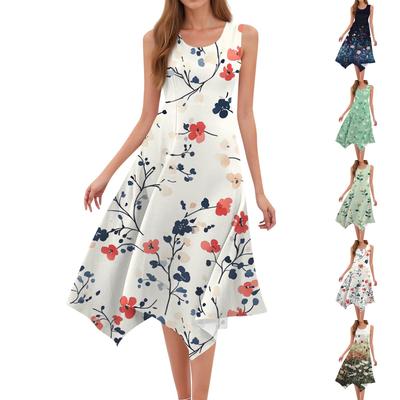 Women's Casual Fashion Round Neck Sleeveless Floral Print Irregular Hem Midi Dress