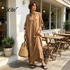 Loose Fit Mid-length Dress Summer Maxi for Women, V-Neck Casual Oversized Boho Long Dress, Sleeve Button Up Vacation Sundress with Pockets Simple