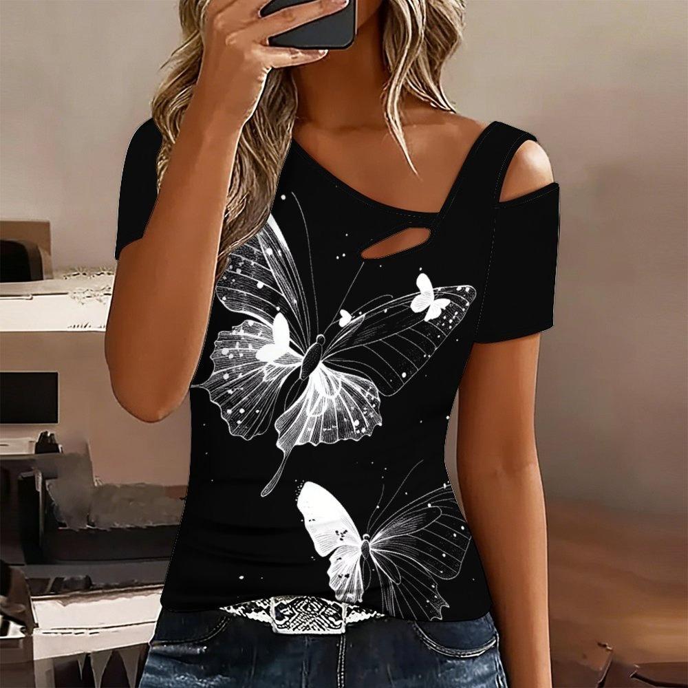 Women Butterfly Print Cold Shoulder Short Sleeve T Shirt Irregular Cutout Neck Casual Summer Blouse Top