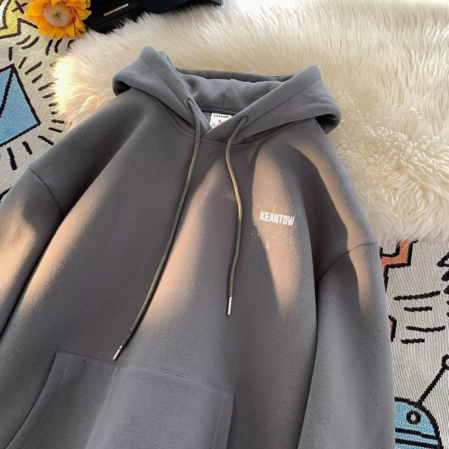 

New American Retro Large Size Hooded Sweater Men s and Women s Front Shoulder Student Velvet Long-sleeved Jacket 5XL темно-сірий