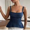 Top Corset Jeans Feminino Alça Fina Modelagem Justa Jaqueta Peplum