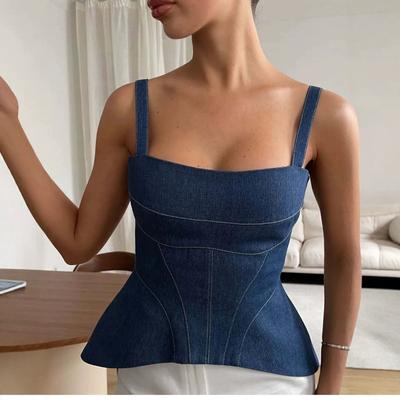 Corset Bustier en Jean pour Femme à Bretelles Fines Coupe Ajustée Veste Peplum