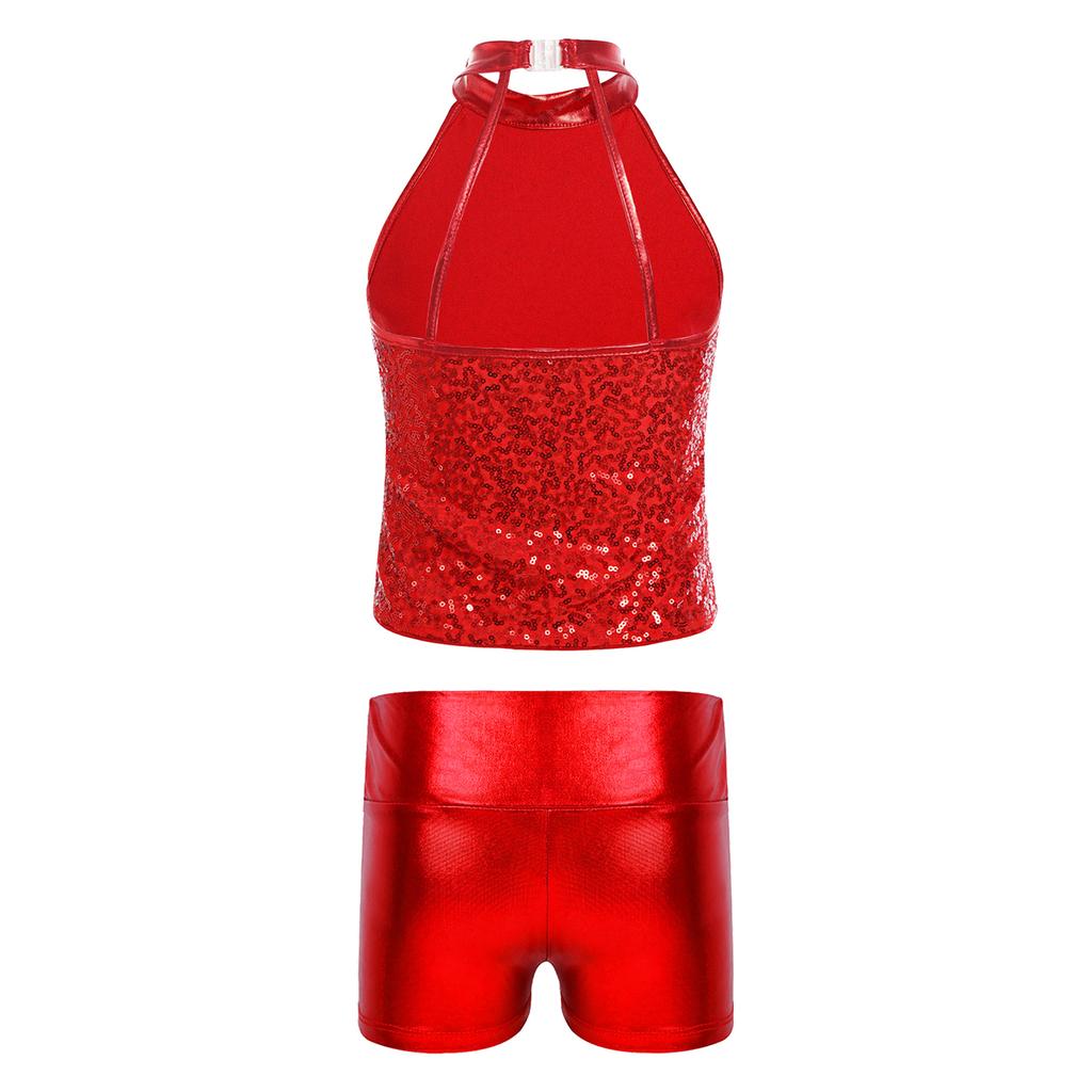Girls Sleeveless Backless Shiny Sequin Halter Crop Top Metallic Dance Shorts Jazz Dance Stage Performance Outfit