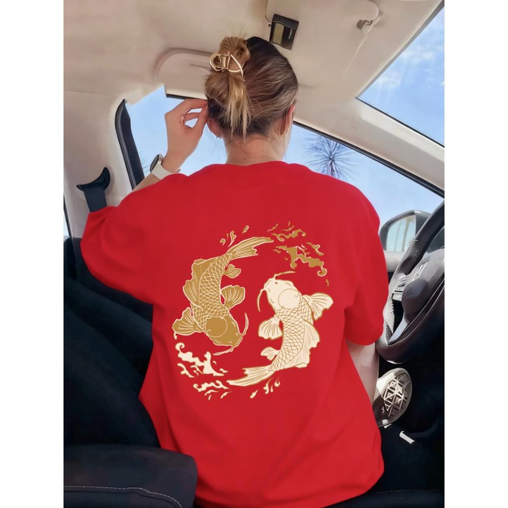 Japanisches Harajuku Koi-Print T-Shirt Damen Sommer Rundhals Kleidung Trendiges Kurzarm Atmungsaktives Y2K Damen-T-Shirt