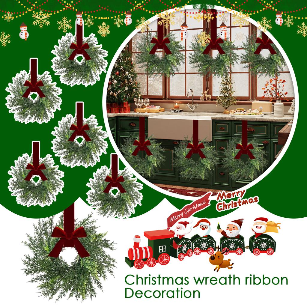 Weihnachts-Küchenschrank-Kränze mit karierten Schleifenbändern zum Aufhängen an Schranktüren, dekorative Kränze für Küchenfenster, Außen- und Innen-Feiertagsdekoration