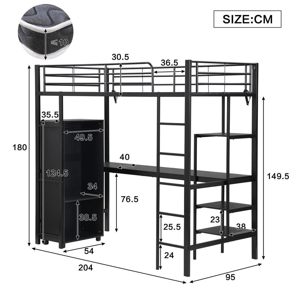 Cama de hierro, litera, adecuada para niños y adolescentes, mesa y armario, compartimentos de almacenamiento, escalera de 5 peldaños, hierro+tablero de partículas, negro, 90x200cm