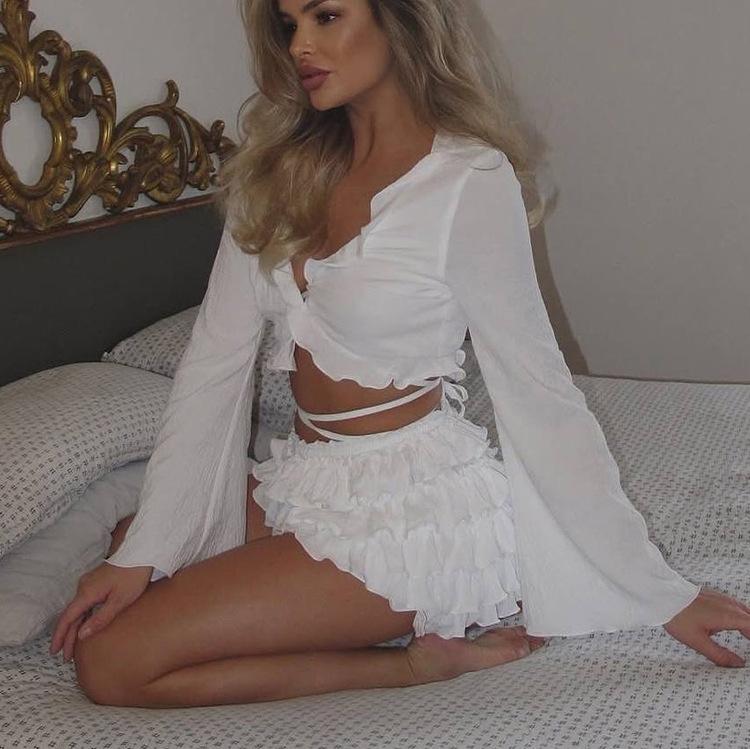 Women's Ruffle Trim Flare Sleeve Crop Top Lace Up High Waist Layered Mini Skirt Two Piece Outfit Set