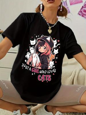 Anime Tryck T-shirt Casual Kortärmad Rundhals Topp För Vår & Sommar Damkläder